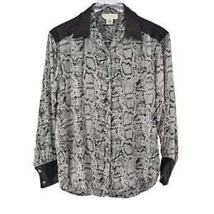 Vtg CACHE Top Womens Sz M Black Snakeskin Print Silk Faux Leather Button Up 90s